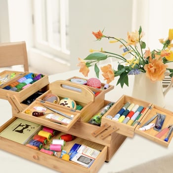 Qimuge vintage drevený úložný box na kozmetiku a šitie, viacvrstvový dizajn, prenosný, možnosť tlače loga