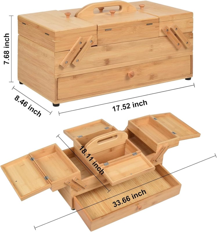 Qimuge vintage drevený úložný box na kozmetiku a šitie, viacvrstvový dizajn, prenosný, možnosť tlače loga