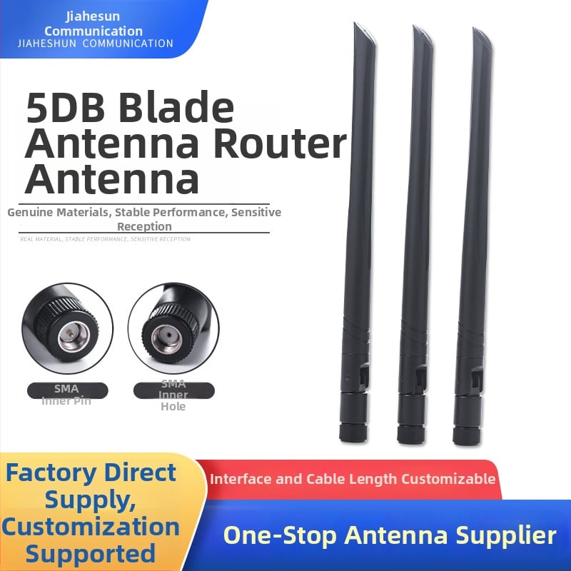 Blade anténa pre router, zisk 5 dB, omnidirektná, viacfrekvenčná skladacia anténa, rozsah 2.4G/5.8G/3G/4G/GSM, impedancia 50 Ω, SWR ≤ 2.0, prevádzkové napätie 5–50 V