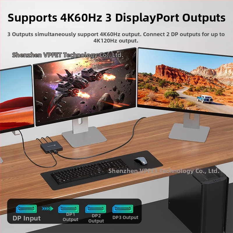 Vipfit Sp510 DP rozdeľovač s DP vstupom a 3 DP výstupmi 1.4, podpora 4K60