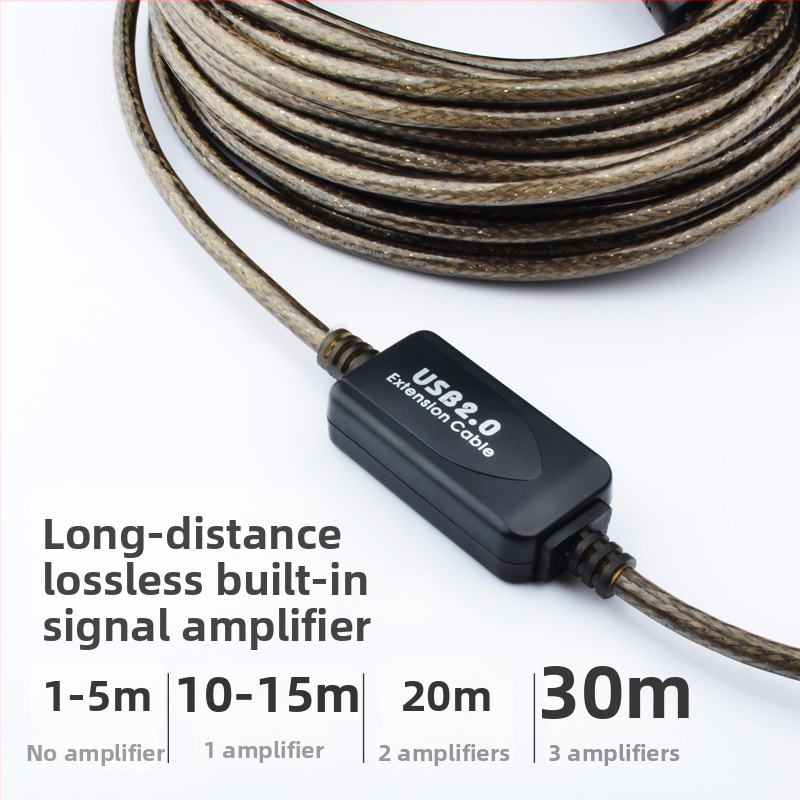 USB 2.0 kábel pre tlačiareň, A–B, štvorhraný konektor, vysokorýchlostný zosilňovač signálu, dĺžka 10-30 m, OFC meď, 128-pletaný štít