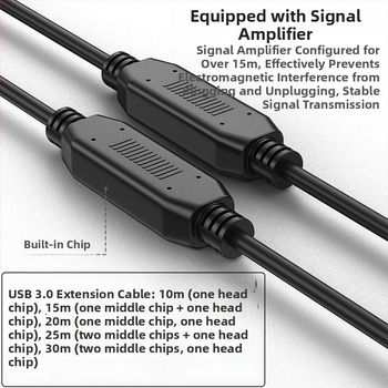 USB 3.0 predlžovací kábel, samec–samica, s integrovaným zosilňovacím čipom, medené vodiče bez oxidu