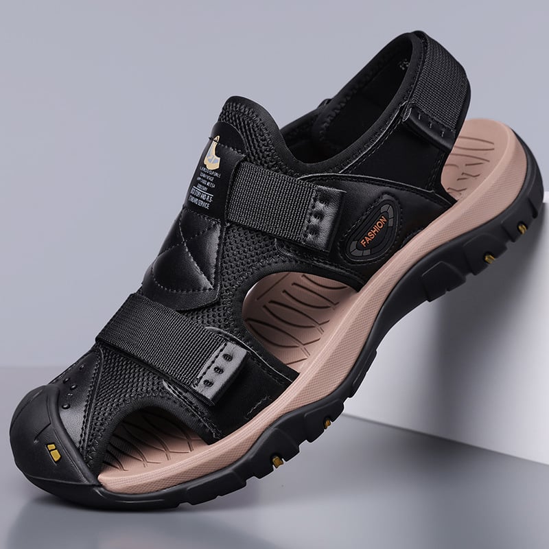 Sandale pentru bărbați cu vârf protejat, PU partea superioară, talpă din cauciuc, închidere slip-on, respirante