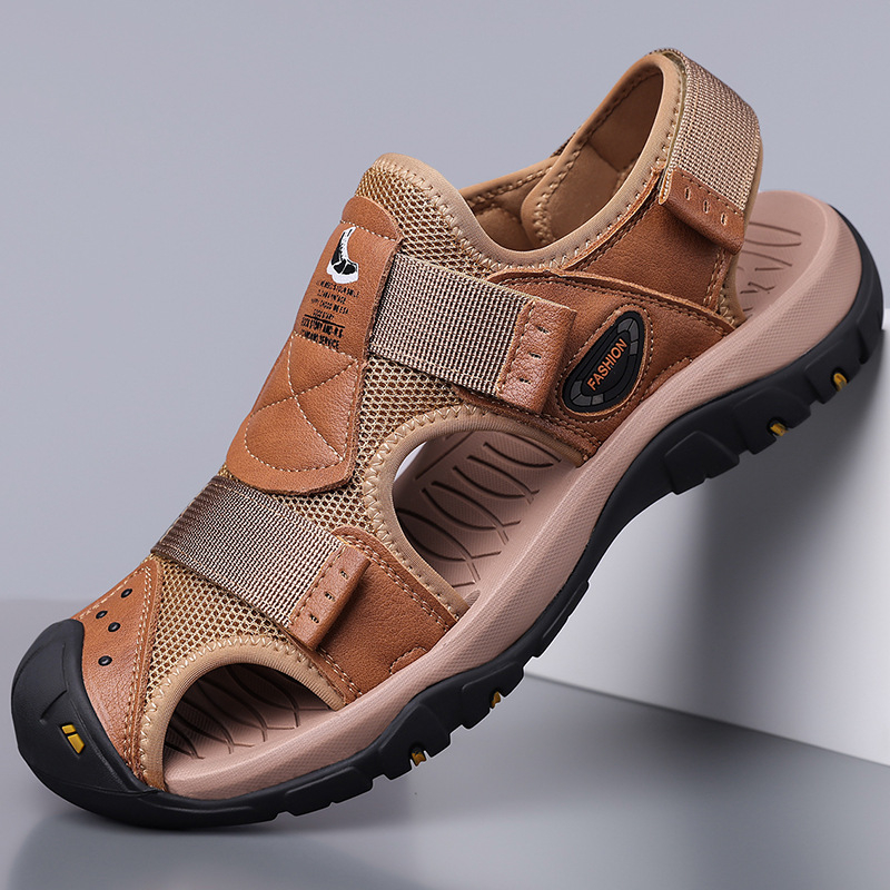 Sandale pentru bărbați cu vârf protejat, PU partea superioară, talpă din cauciuc, închidere slip-on, respirante