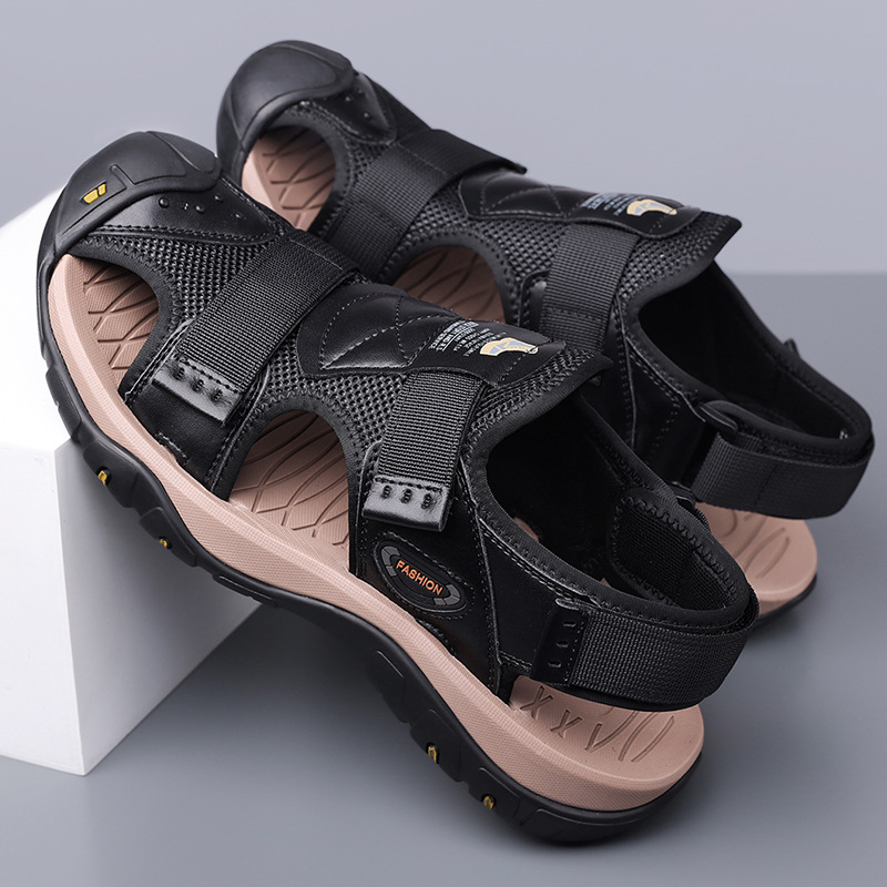 Sandale pentru bărbați cu vârf protejat, PU partea superioară, talpă din cauciuc, închidere slip-on, respirante