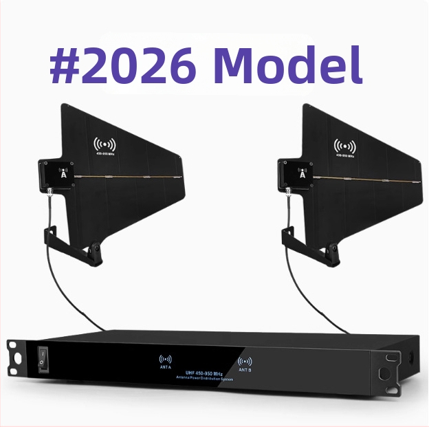 Anténny zosilňovač pre bezdrôtový mikrofón – model 2026, 450–950 MHz, impedancia 50 Ω, dosah až 300 m, rozhranie BNC