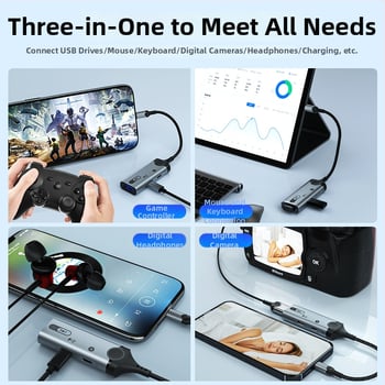 HCINOO MH393 adaptor OTG 3-în-1 Lightning către Type-C pentru Apple iPhone/iPad – căști, încărcare și transfer de date