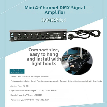 Minghao Eagle Light: 4-kanálový DMX signálny zosilňovač a rozdeľovač pre osvetlenie pódia, 1 vstup, 4 výstupy, napájaný transformátorom, DMX512