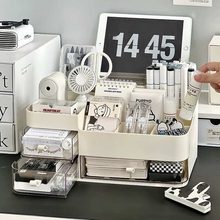 Kutija za pohranu olovaka s pregradama i ladicom – plast PP+PS, 2 odjeljka, japanski stil za stolni ured
