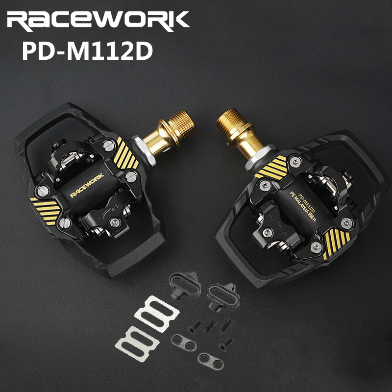 Pedale Racework pentru bicicletă de munte, cu sistem SPD de încuietare automată și plăci de blocare; corp din fibră de nylon, ax din oțel crom-molibden; model Pd-m112d