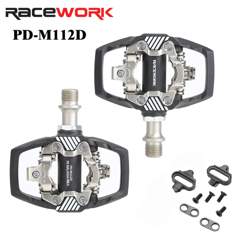 Pedale Racework pentru bicicletă de munte, cu sistem SPD de încuietare automată și plăci de blocare; corp din fibră de nylon, ax din oțel crom-molibden; model Pd-m112d