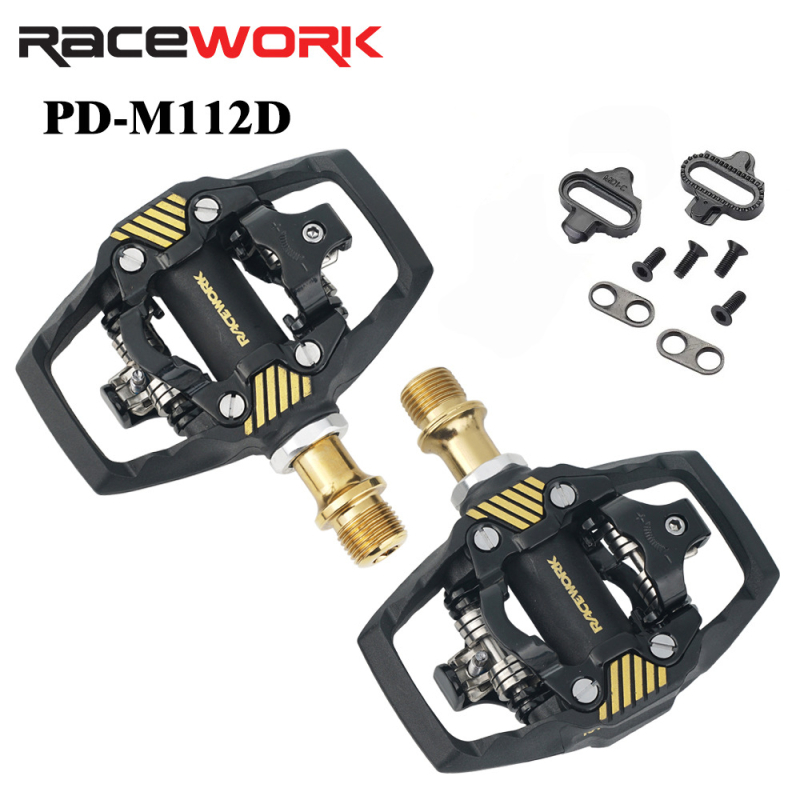 Pedale Racework pentru bicicletă de munte, cu sistem SPD de încuietare automată și plăci de blocare; corp din fibră de nylon, ax din oțel crom-molibden; model Pd-m112d