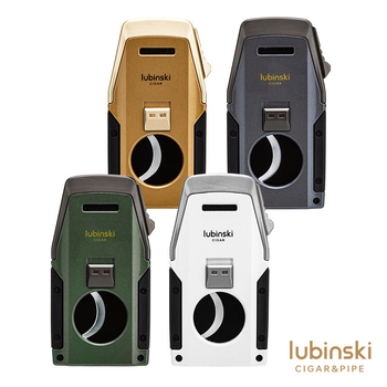 Lubinski szivar gyújtó beépített lyuknyitóval, szivarollóval és cigaretta tartóval – cinkötvözet + rozsdamentes acél, bután, szélálló, újratölthető