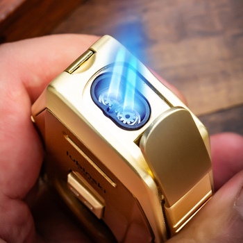 Lubinski szivar gyújtó beépített lyuknyitóval, szivarollóval és cigaretta tartóval – cinkötvözet + rozsdamentes acél, bután, szélálló, újratölthető