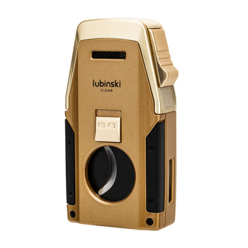 Lubinski szivar gyújtó beépített lyuknyitóval, szivarollóval és cigaretta tartóval – cinkötvözet + rozsdamentes acél, bután, szélálló, újratölthető