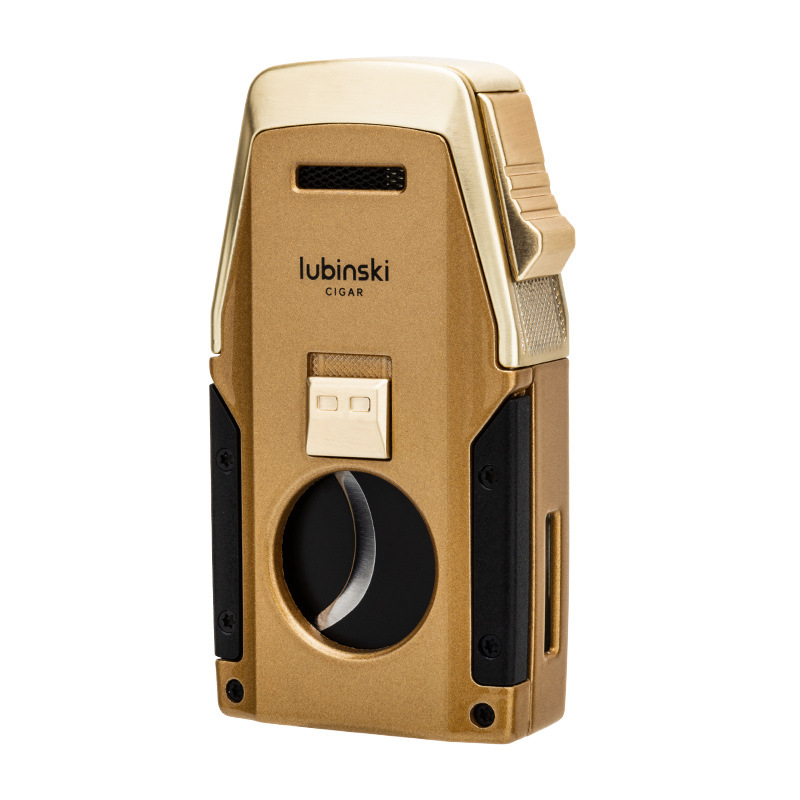 Lubinski szivar gyújtó beépített lyuknyitóval, szivarollóval és cigaretta tartóval – cinkötvözet + rozsdamentes acél, bután, szélálló, újratölthető