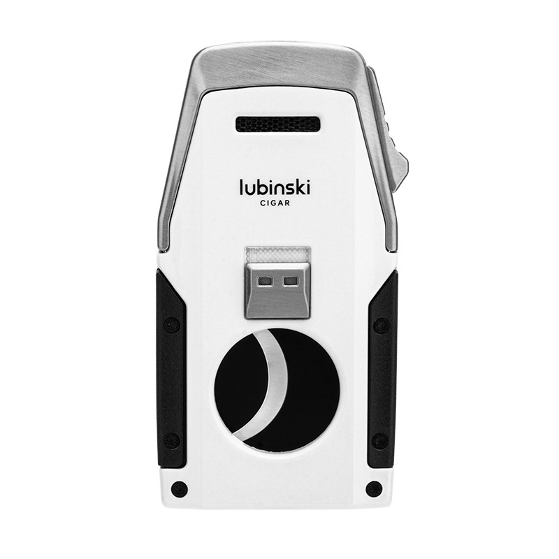 Lubinski szivar gyújtó beépített lyuknyitóval, szivarollóval és cigaretta tartóval – cinkötvözet + rozsdamentes acél, bután, szélálló, újratölthető