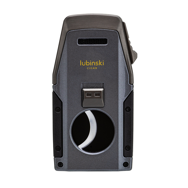 Lubinski szivar gyújtó beépített lyuknyitóval, szivarollóval és cigaretta tartóval – cinkötvözet + rozsdamentes acél, bután, szélálló, újratölthető