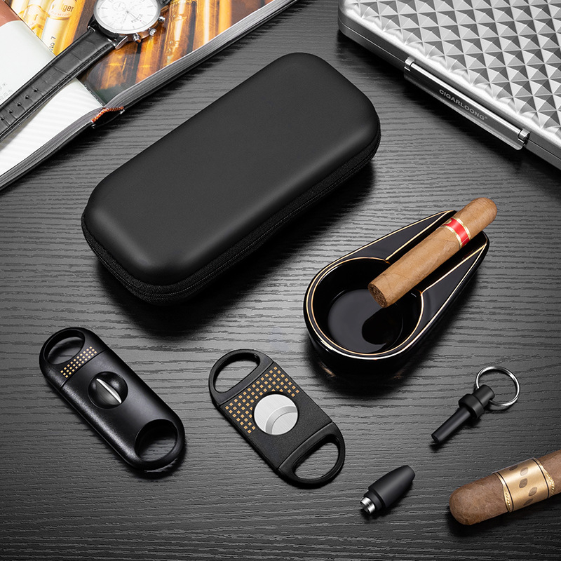Jialong set dodatne opreme za cigare: keramički pepeljar, rezač za cigare, plamenik za cigare i poklon vrećica