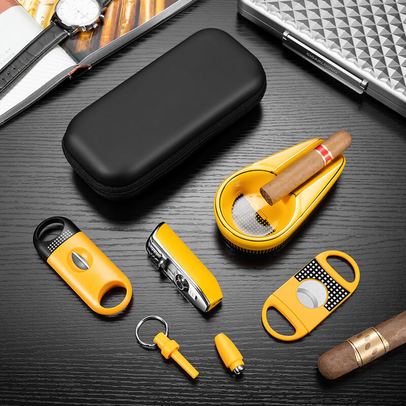 Jialong set dodatne opreme za cigare: keramički pepeljar, rezač za cigare, plamenik za cigare i poklon vrećica