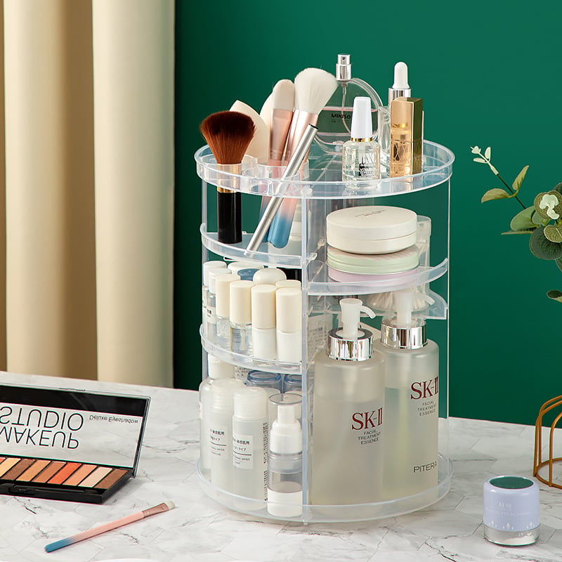 Cutie de depozitare de birou transparentă, cu mai multe niveluri, reglabilă pe înălime și organizator rotativ pentru cosmetică și papetărie