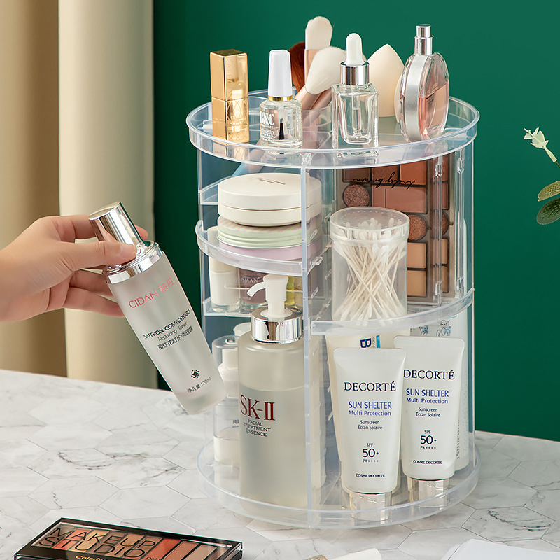 Cutie de depozitare de birou transparentă, cu mai multe niveluri, reglabilă pe înălime și organizator rotativ pentru cosmetică și papetărie