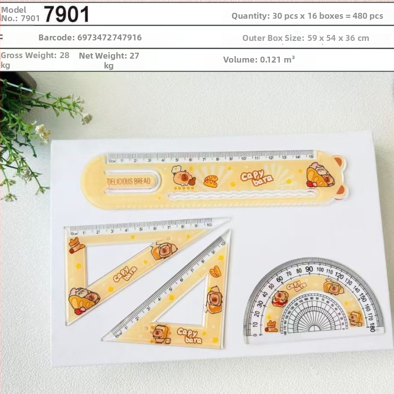 Sada štyroch plastových pravítok‑záložiek pre knihy – kapibara téma, viaceré funkcie, model 7901, čistá hmotnosť približne 50,6 g