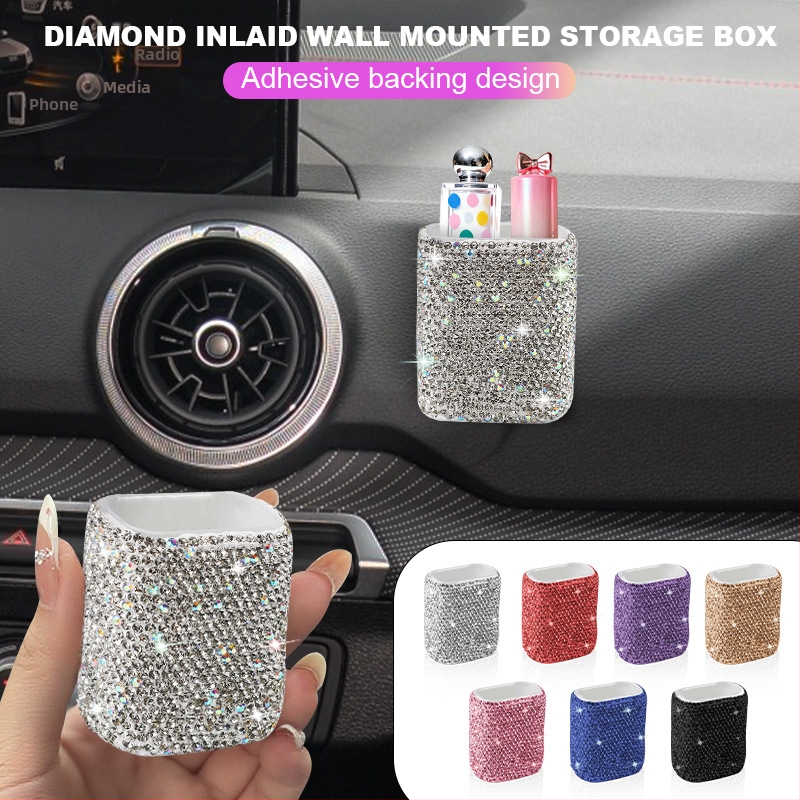 Cutie de depozitare pentru ruj, montură auto cu paiete, din plastic, stil ușor luxos, montaj pe perete prin ventuză, un singur nivel, pentru dormitor și baie