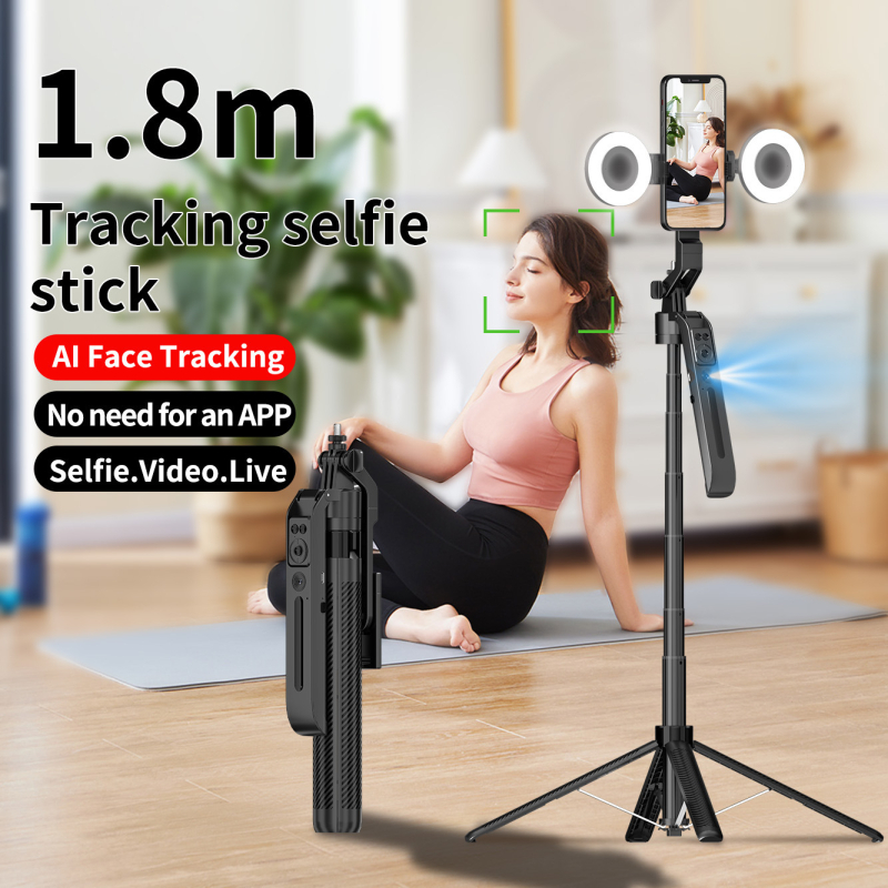 Selfie stick cu gimbal AI pentru urmărire facială, 360° rotație, corp din aliaj de aluminiu, telecomandă inclusă, Bluetooth