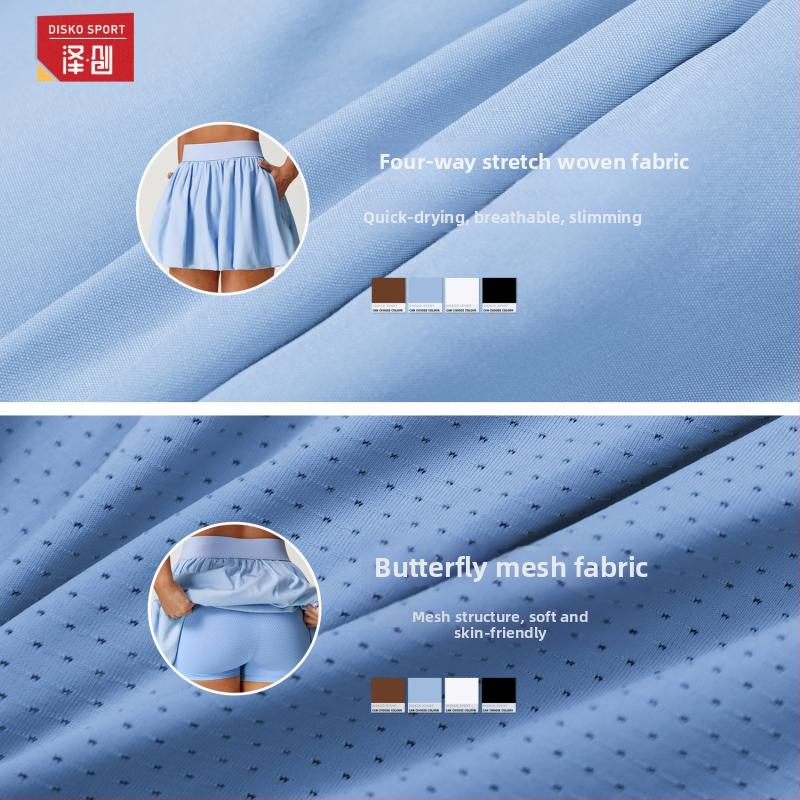 Ženská športová sukňa na rýchle sušenie s tkaninou so štyrmi smermi elasticity; 97% polyester, 3% elastán; podšívka nylon/spandex 78/22; sieťovinová podšívka; vrecko s klapkou; vhodná na beh, tenis, fitness