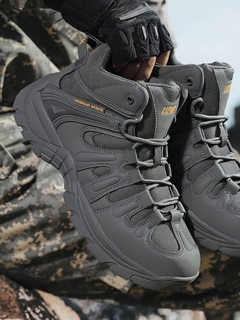 Pantofi de drumeție cu suprafață din piele naturală și plasă, respirabili, înălțime medie a gleznei, șireturi frontale, talpă din cauciuc rezistentă