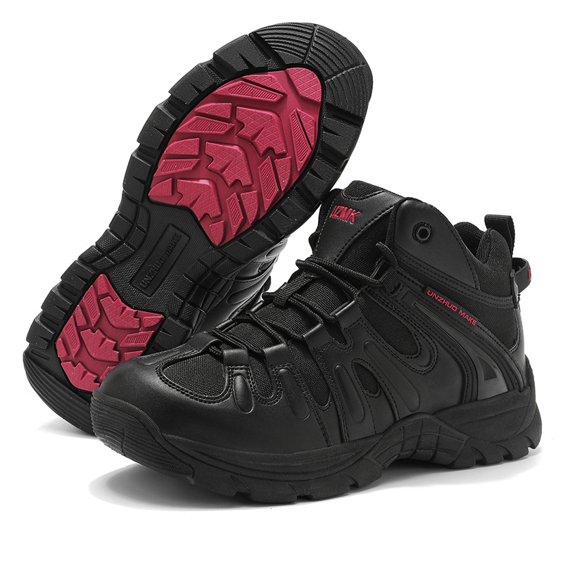 Pantofi de drumeție cu suprafață din piele naturală și plasă, respirabili, înălțime medie a gleznei, șireturi frontale, talpă din cauciuc rezistentă