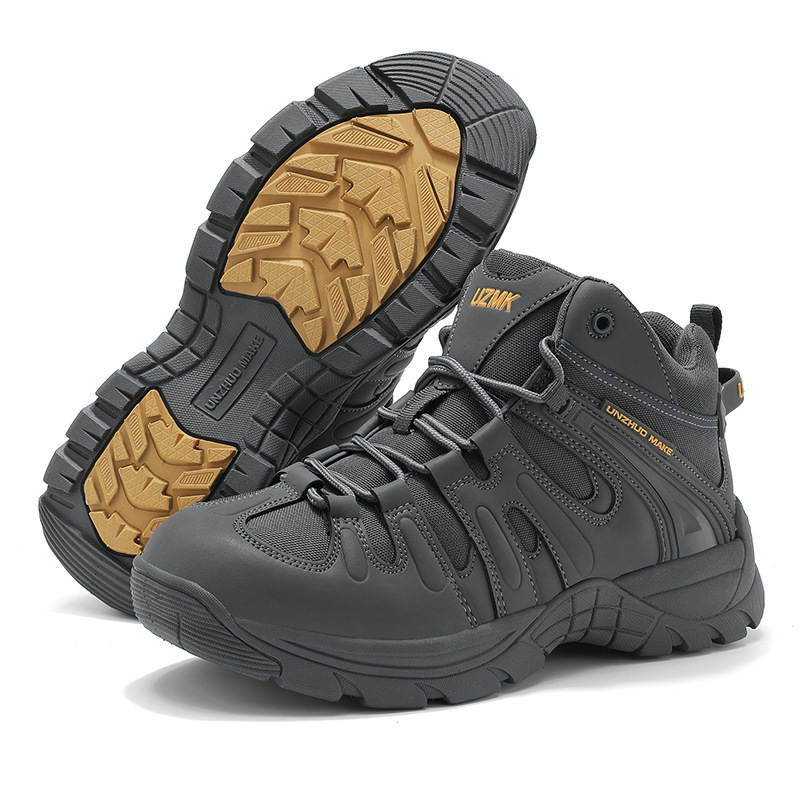 Pantofi de drumeție cu suprafață din piele naturală și plasă, respirabili, înălțime medie a gleznei, șireturi frontale, talpă din cauciuc rezistentă