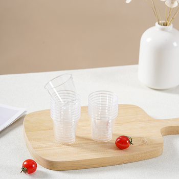 Ceșuță de degustare, plastic PS transparent, capacitate sub 100 ml, formă rotundă, necompatibil cu microundele, degradabil