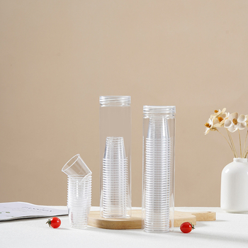 Ceșuță de degustare, plastic PS transparent, capacitate sub 100 ml, formă rotundă, necompatibil cu microundele, degradabil