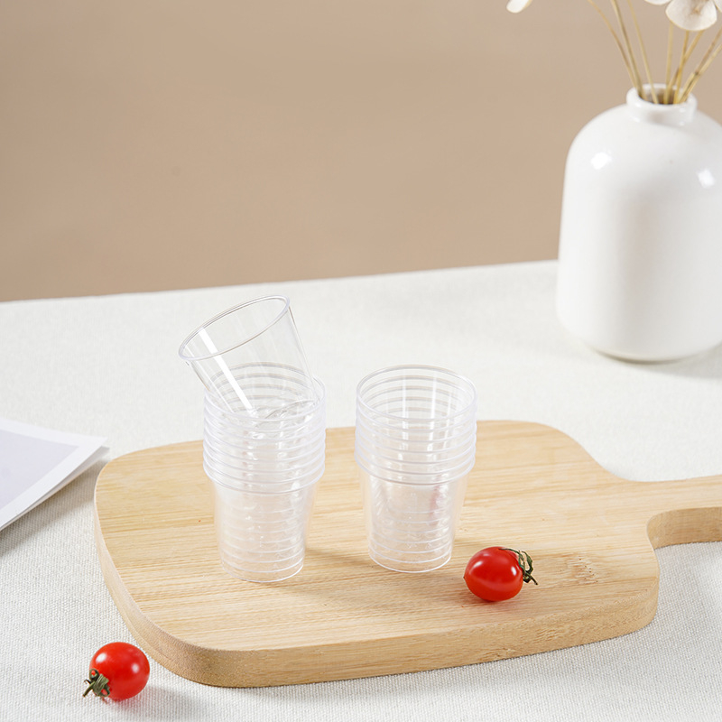 Ceșuță de degustare, plastic PS transparent, capacitate sub 100 ml, formă rotundă, necompatibil cu microundele, degradabil