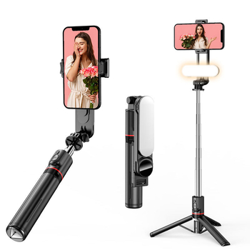 Selfie stick L15 cu lumină de înfrumusețare detașabilă, structură din oțel inoxidabilă și telecomandă Bluetooth pentru telefoane – trepied multifuncțional