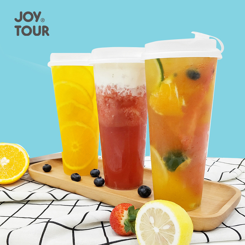 Pahar de unică folosință pentru ceai cu lapte, cu capac, 500 ml, din plastic, formă dreptunghiulară, model transparent mat, pentru cafenele și băuturi reci