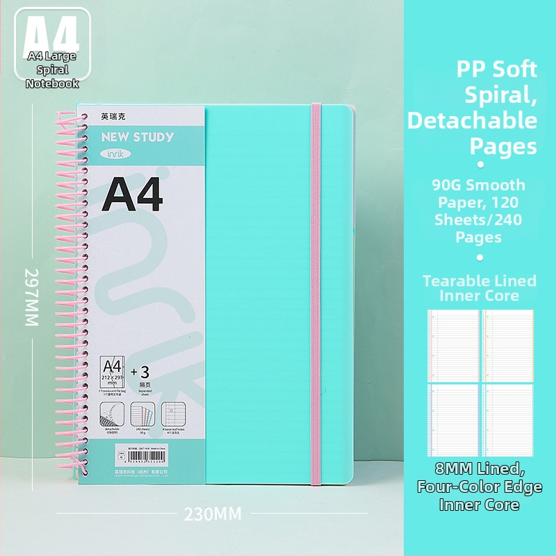 INRIK Xueba Veliki spiralni bilježnica za učenike s PP dijelovima, 240 stranica, 90 g glatkog papira, spiralno uvez