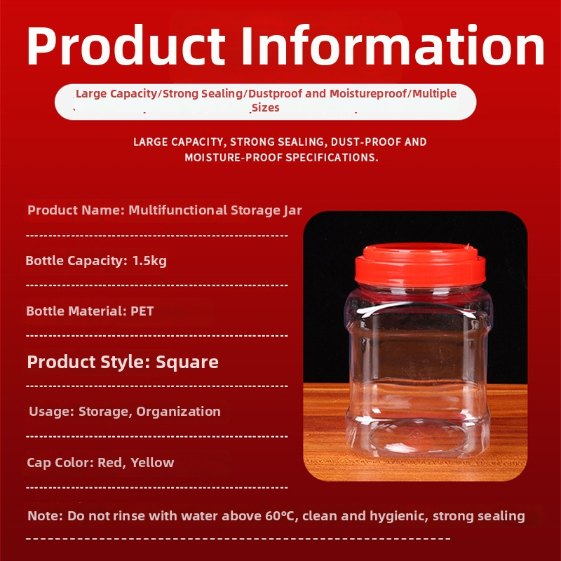 Štvorec PET fľaša na med, fúkaná formovanie, objem 1,5 kg, obsah medu 1500 g, obsah vody 1000 g