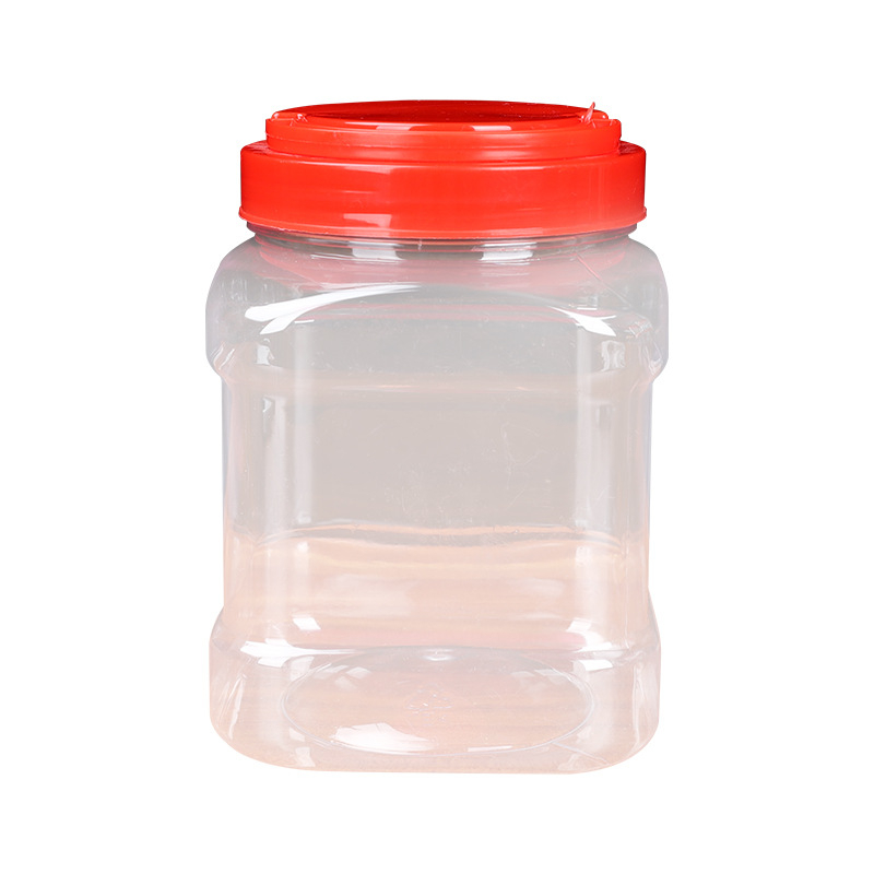 Négyzet alakú PET mézhordó, fújott formázással, kapacitás 1,5 kg, méz 1500 g, víz 1000 g