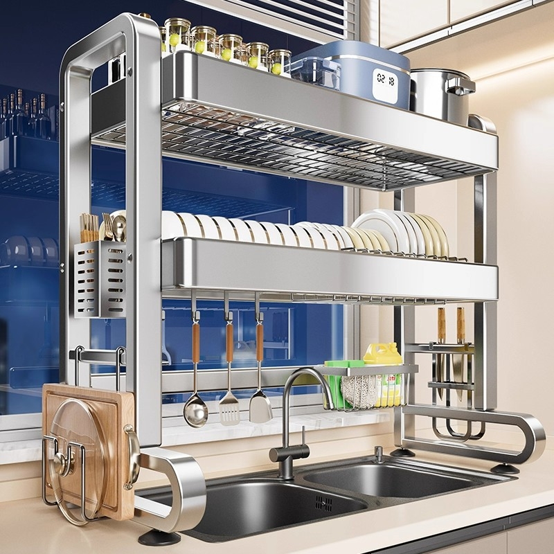 Raft din oțel inoxidabil pentru chiuveta bucătărie – multifuncțional, mobil, depozitare integrată pentru vase și tacâmuri, stil modern