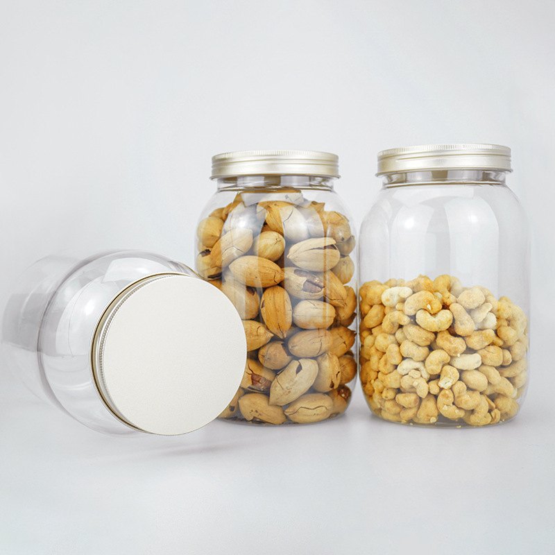 PET diótároló üveg, 1820 ml kapacitás, könnyen nyíló fedél, átlátszó vagy alumínium fedél