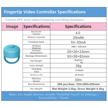 Bluetooth prsteň pre selfie ovládač s tlačidlom Like a stránkami — Model Fingertip Praise 01, Bluetooth 5.0, ABS silica gel, približne 4 g