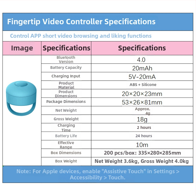 Bluetooth prsteň pre selfie ovládač s tlačidlom Like a stránkami — Model Fingertip Praise 01, Bluetooth 5.0, ABS silica gel, približne 4 g