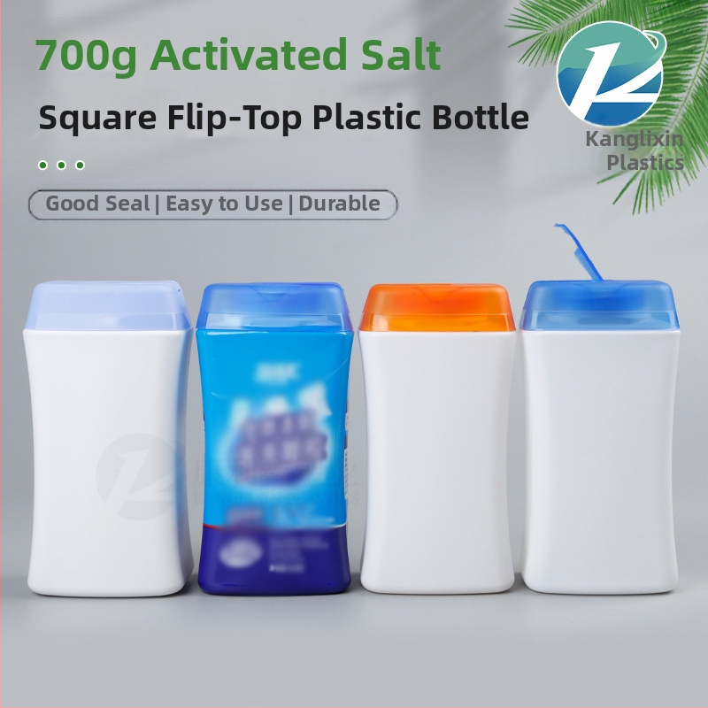 HDPE štvorcová fľaša na prášok so flip-top uzáverom a tesniacim krúžkom, objem 700 g, priemer 96 mm, výška 186 mm