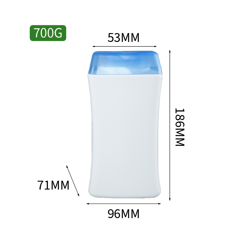 HDPE négyszögletes porflakon flip-top kupakkal és tömítőgyűrűvel, 700 g kapacitás, testátmérő 96 mm, magasság 186 mm