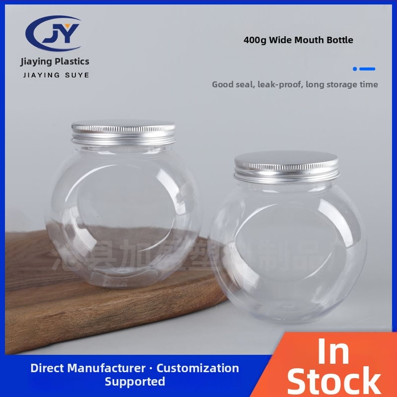 PET пластмасов буркан с широко гърло, прозрачен, пластмасова капачка, вместимост 400 ml