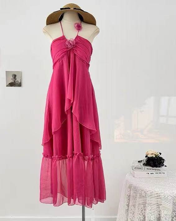 Rochie cu gât halter, fără spate, lungă, din plasă, în stil stațiune litorală