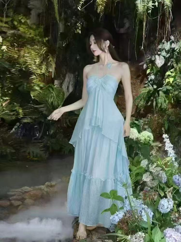 Rochie cu gât halter, fără spate, lungă, din plasă, în stil stațiune litorală
